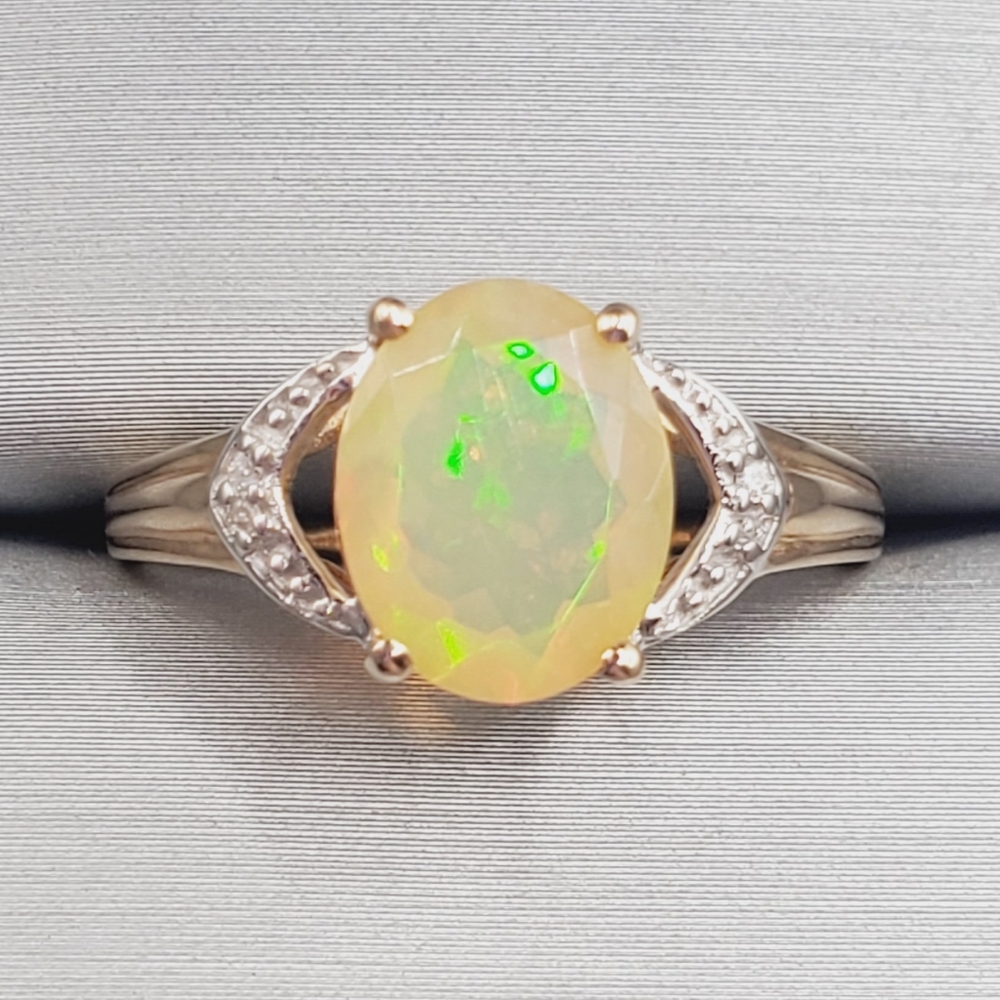 10k Solid Yellow Gold Natural Faceted Oval Opal & Diamond Ring
